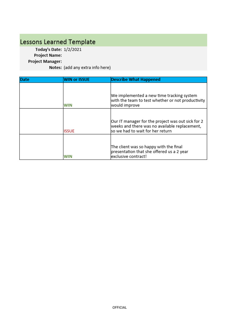 Lessons Learned Template Guide | PDF | Business