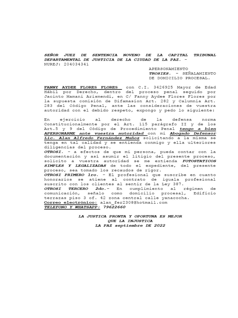 SEÑOR JUEZ DE EJECUCION PENAL 1ro CAPITAL TRIBUNAL DEPARTAMENTAL DE ...