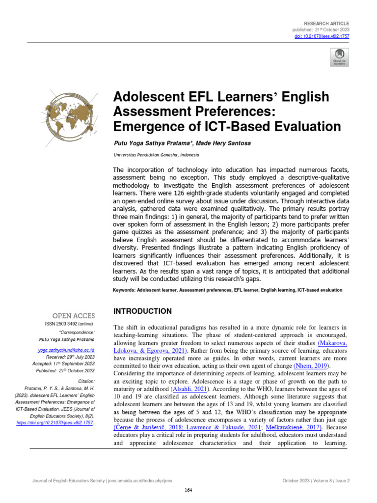 Adolescent EFL Learners' Assessment Preferences | PDF | Learning ...