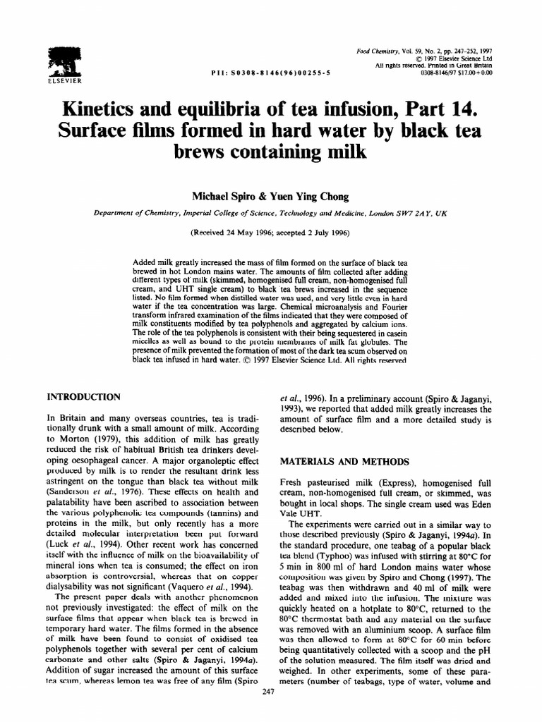 Kinetics and Equilibria of Tea Infusion, Part 14. Surface Films Formed ...