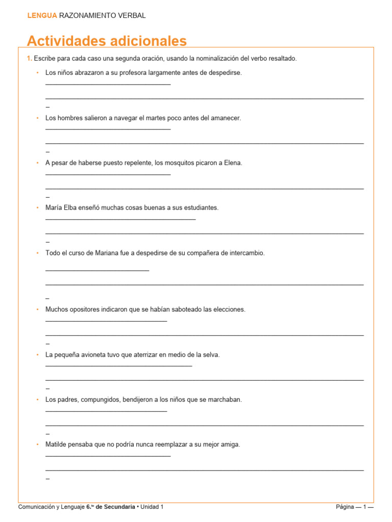 Ejercicios de Nominalización en Verbos | PDF | Sintaxis