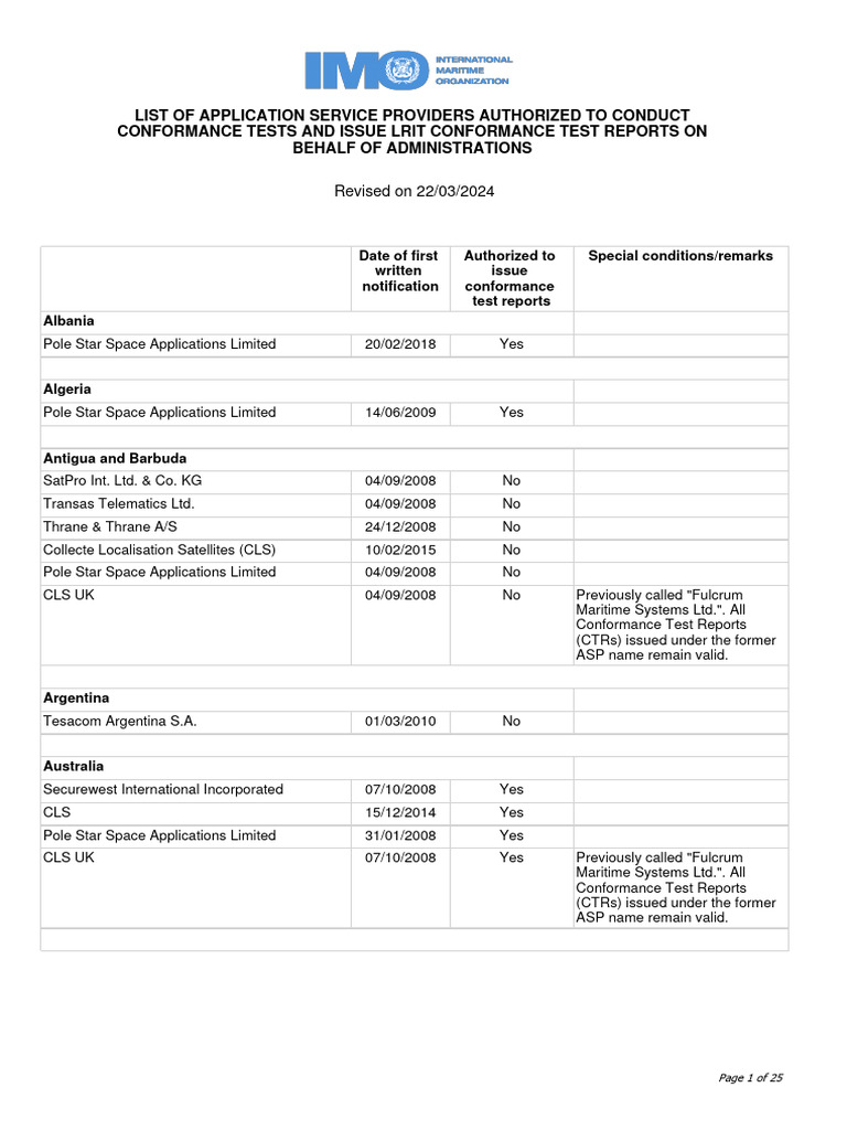 Authorized LRIT Conformance Test Providers | PDF | Telecommunications