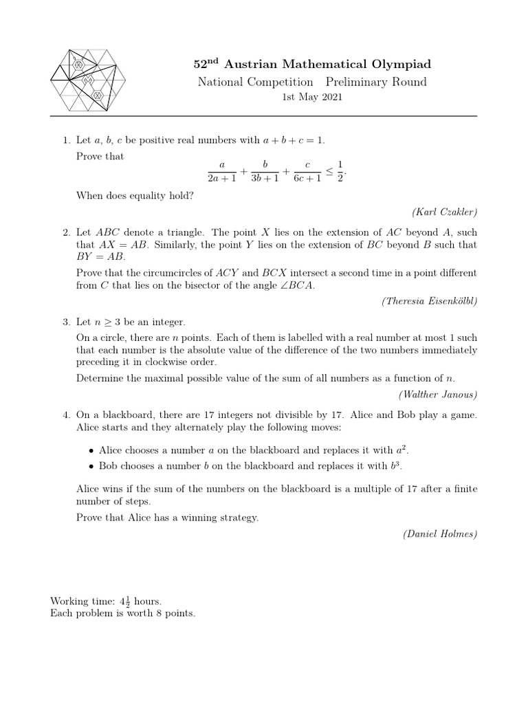 52nd Austrian Math Olympiad Problems | PDF