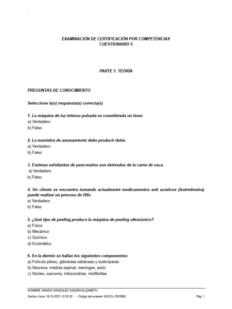 Examen de Certificación en Cosmetología | PDF | Piel | Anatomía