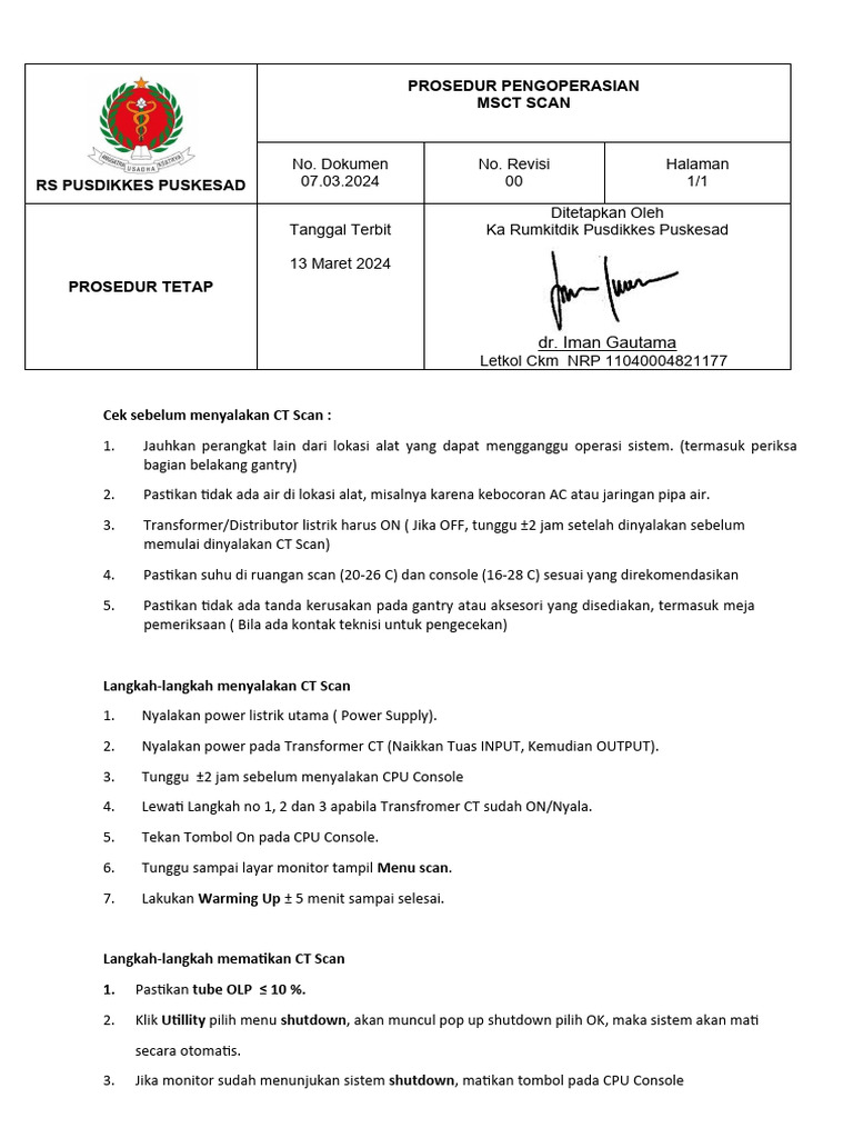 Prosedur Operasional MSCT Scan RS Pusdikkes | PDF