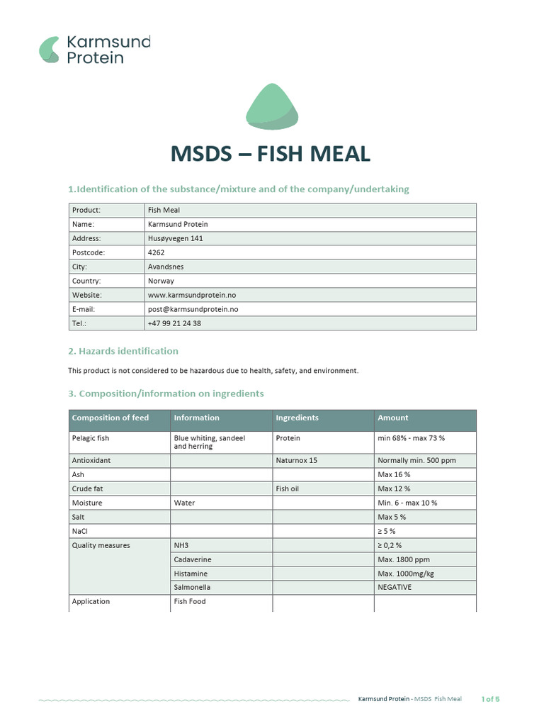 Karmsund Protein Fish Meal MSDS | PDF | Combustion | Fires
