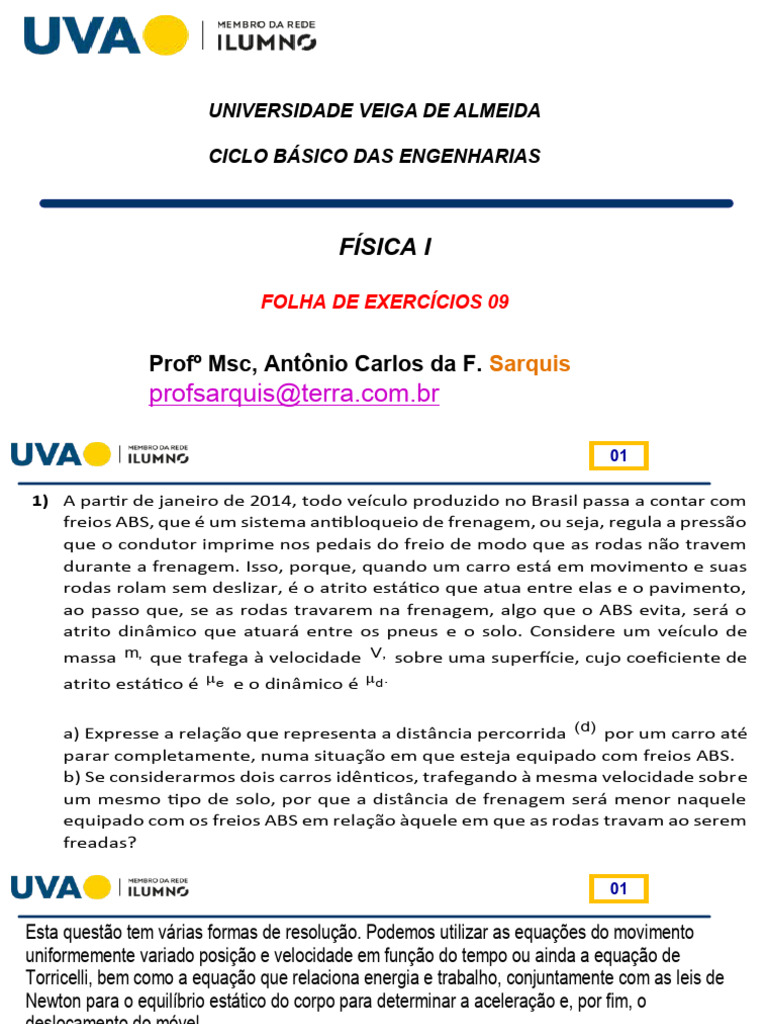 05 - Folha de Exercícios 08 - 09 | PDF | Freios ABS | Freio