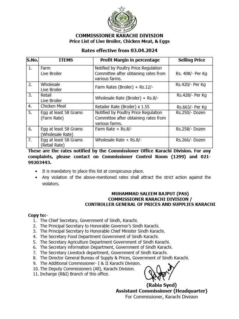 Commissioner Karachi Division Rates Effective From 03.04.2024 PDF