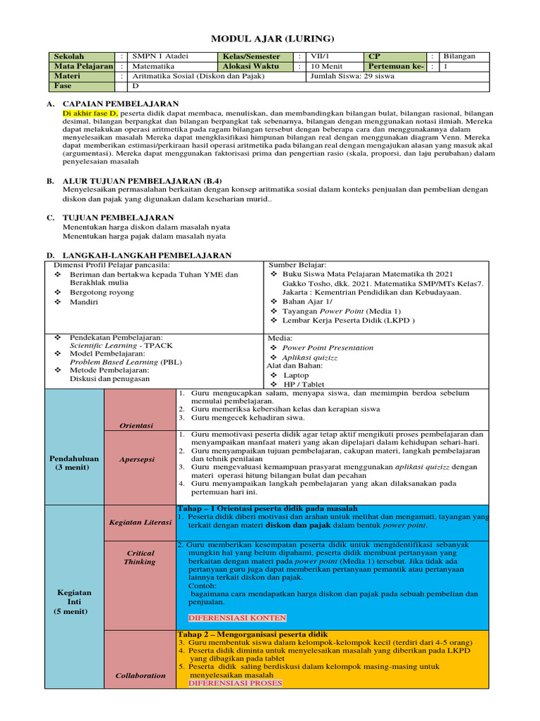 Modul Ajar (Luring) : Scientific Learning - TPACK Problem Based ...