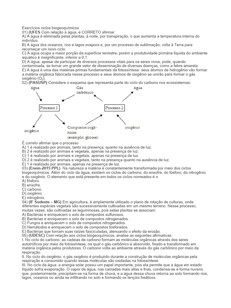 Exercícios sobre Ciclos Biogeoquímicos | PDF | Água | Nitrogênio