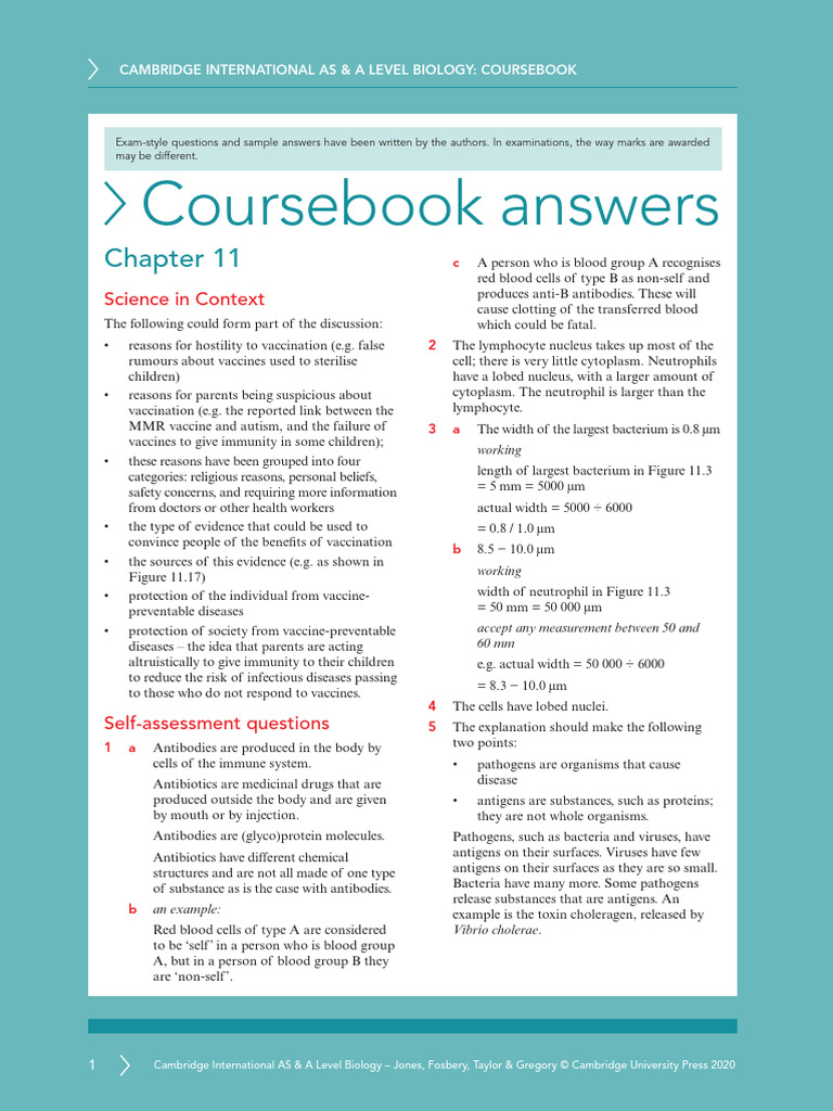 Coursebook Answers Chapter 11 Asal Biology | PDF | Antibody | Immune System