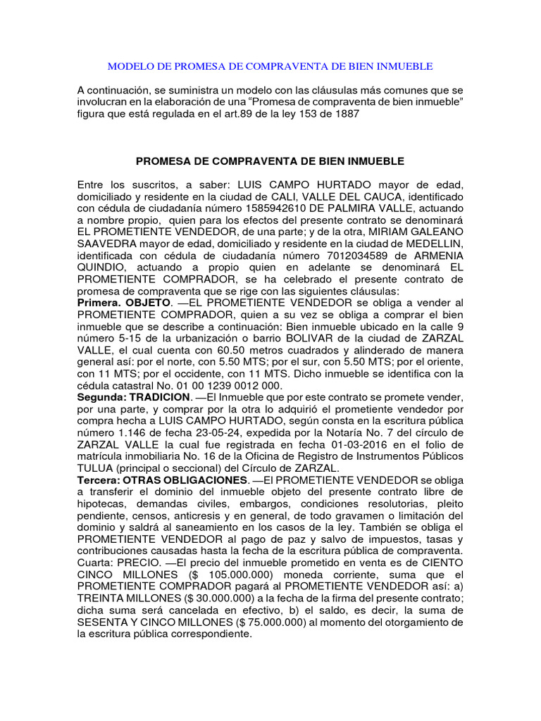 Modelo de Promesa de Compraventa Inmueble | PDF | Derecho empresarial ...