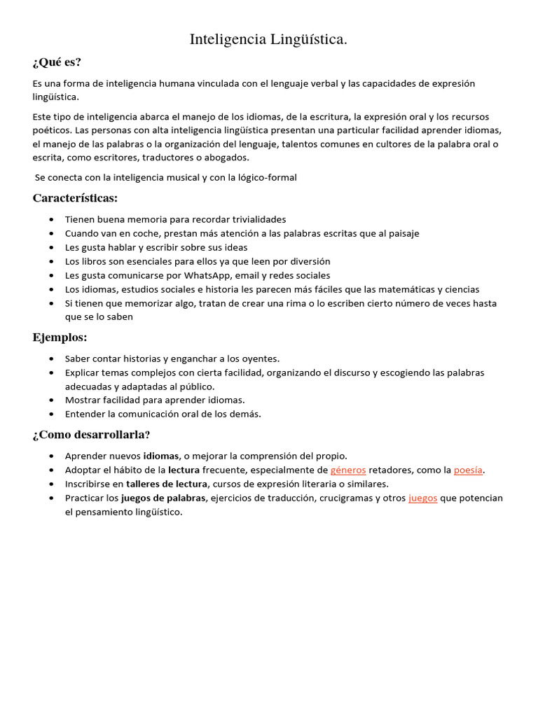 Inteligencia Lingüística: Definición y Desarrollo | PDF | Artes del ...