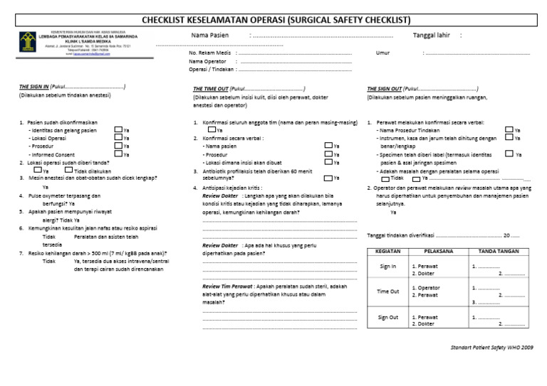2.2.5 Checklist-Keselamatan-Operasi Surgical-Safety-Checklist | PDF