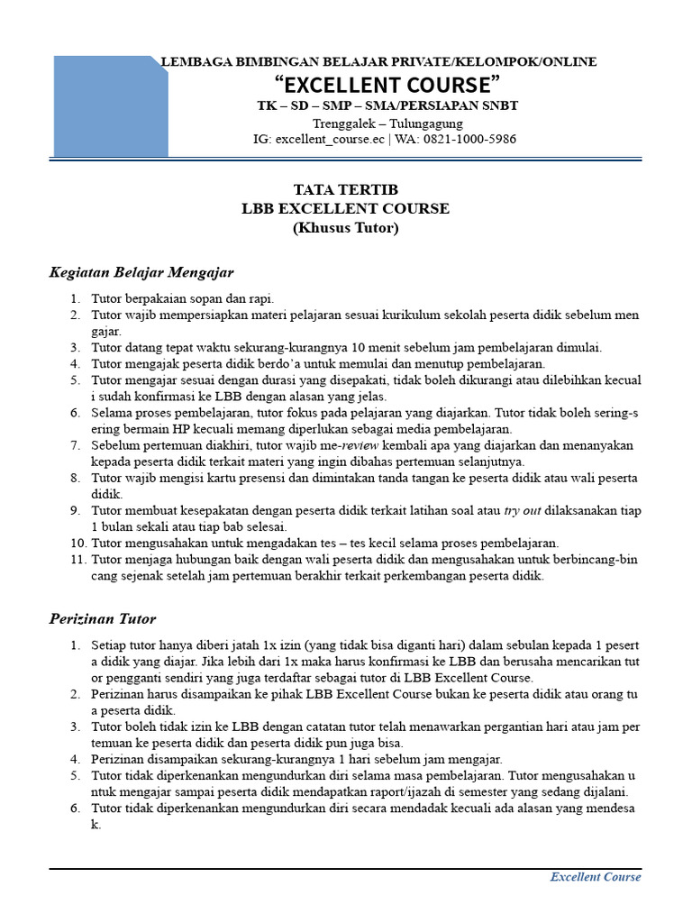 Tata Tertib LBB Excellent Course (Tutor) PDF