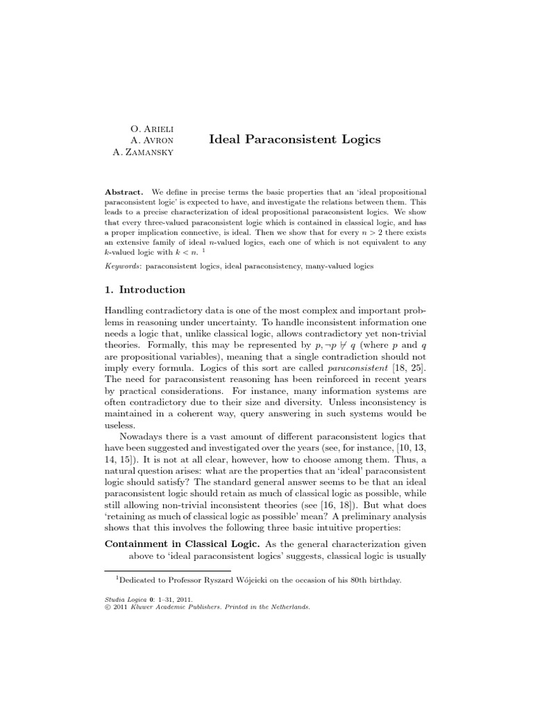 2011 Ideal Paraconsistent Logics PDF Theorem Logic