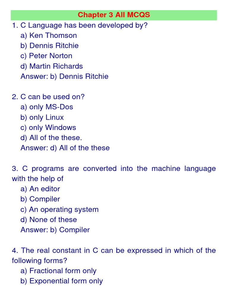 Chapter 3 All MCQS | Download Free PDF | C (Programming Language ...