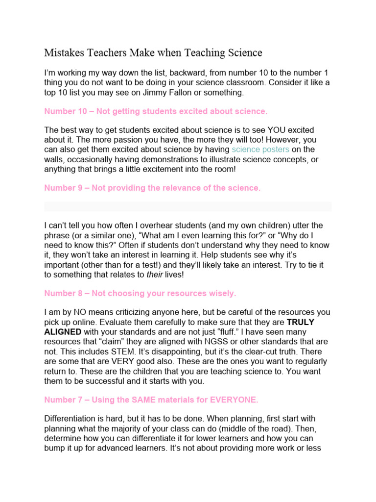 Top 10 Science Teaching Mistakes | PDF | Teachers | Cognition