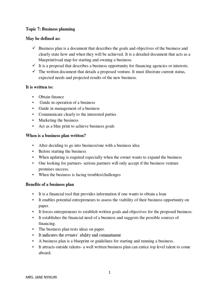 Topic 7 Business Plan | PDF | Business Plan | Market (Economics)
