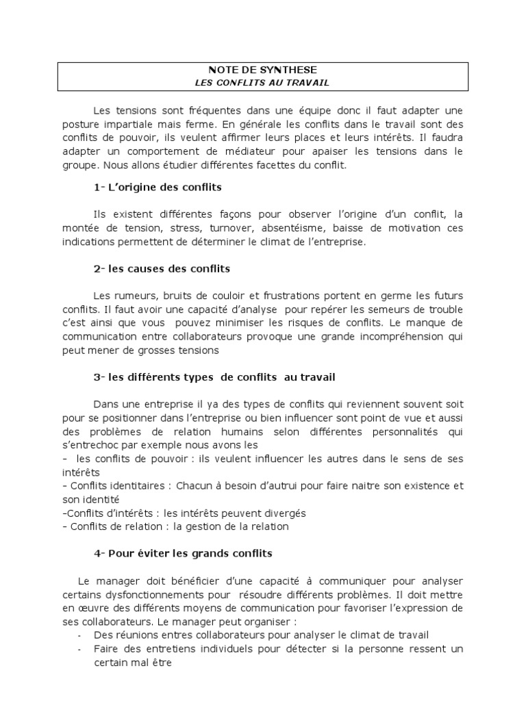 Note De Synthese Pdf Resolution De Conflit La Communication