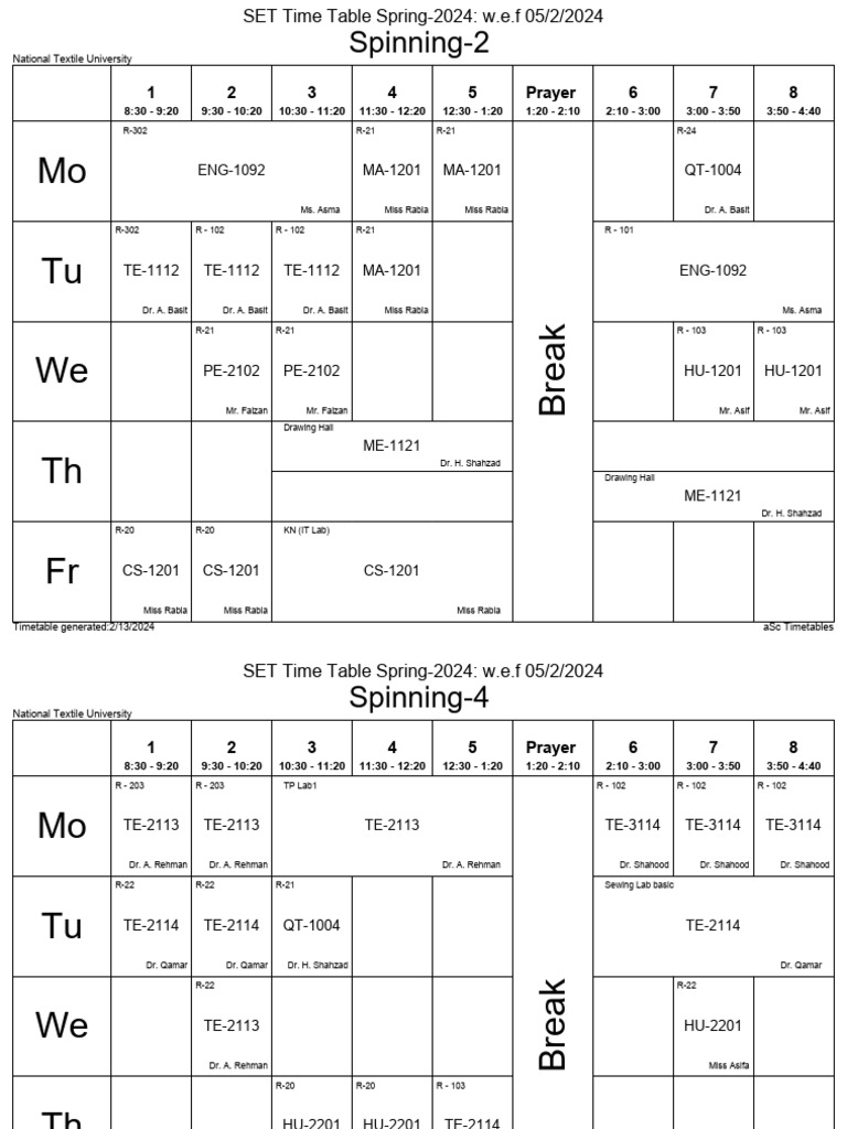 National Textile University Spring 2024 Timetable | PDF