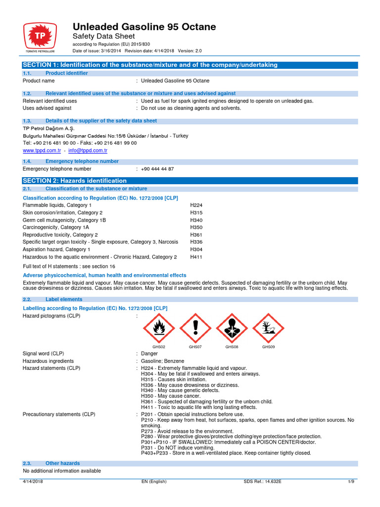 Unleaded Gasoline 95 Octane SDS | PDF | Dangerous Goods | Toxicity