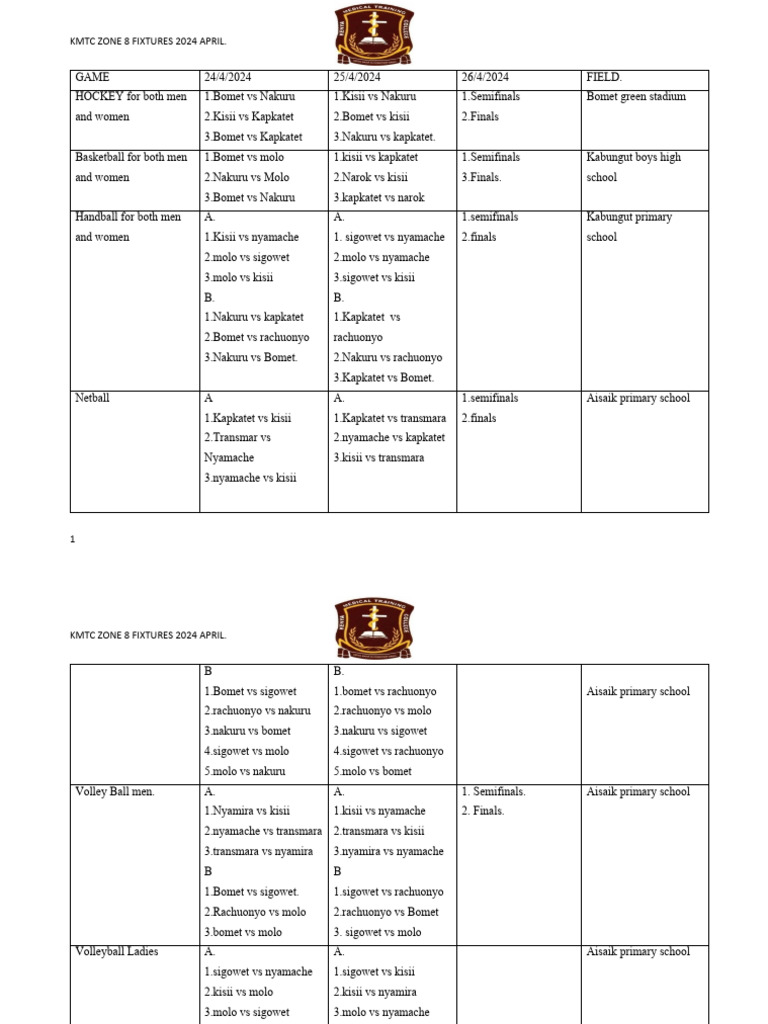 Fixtures Table 2024 Pdf Ball Games Team Sports