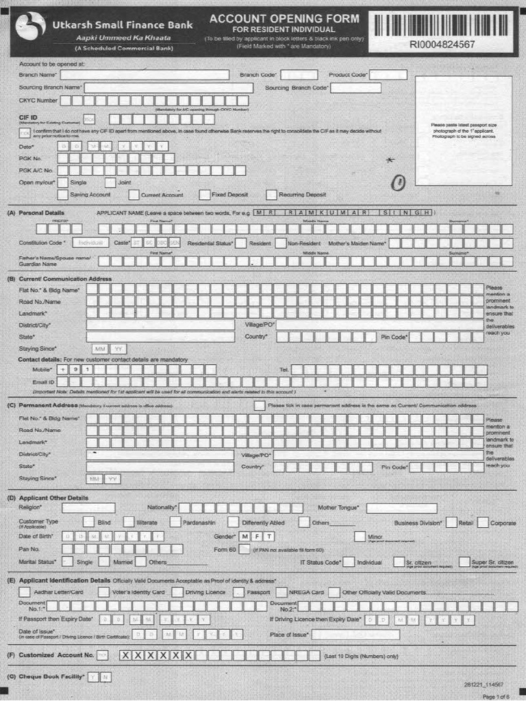 Utkarsh Acct Opening Form | PDF