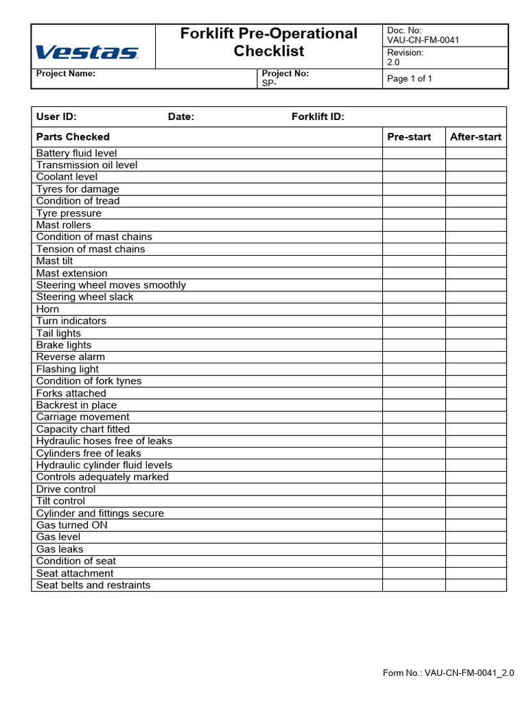 Forklift Pre-Operational Checklist | PDF