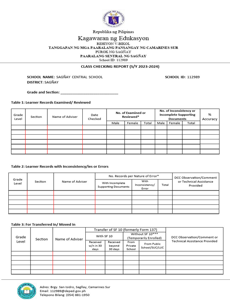 Sagñay Central School Class Checking Report | PDF