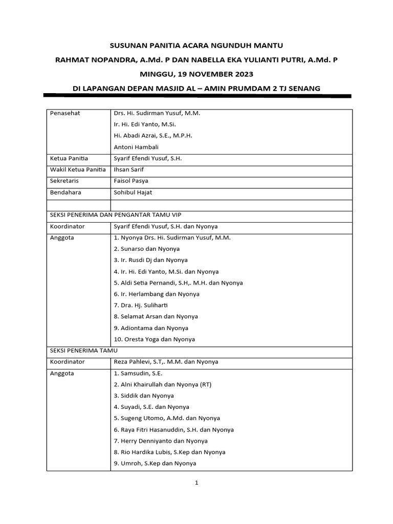 Susunan Panitia Acara Pernikahan Nopan & Bella | PDF