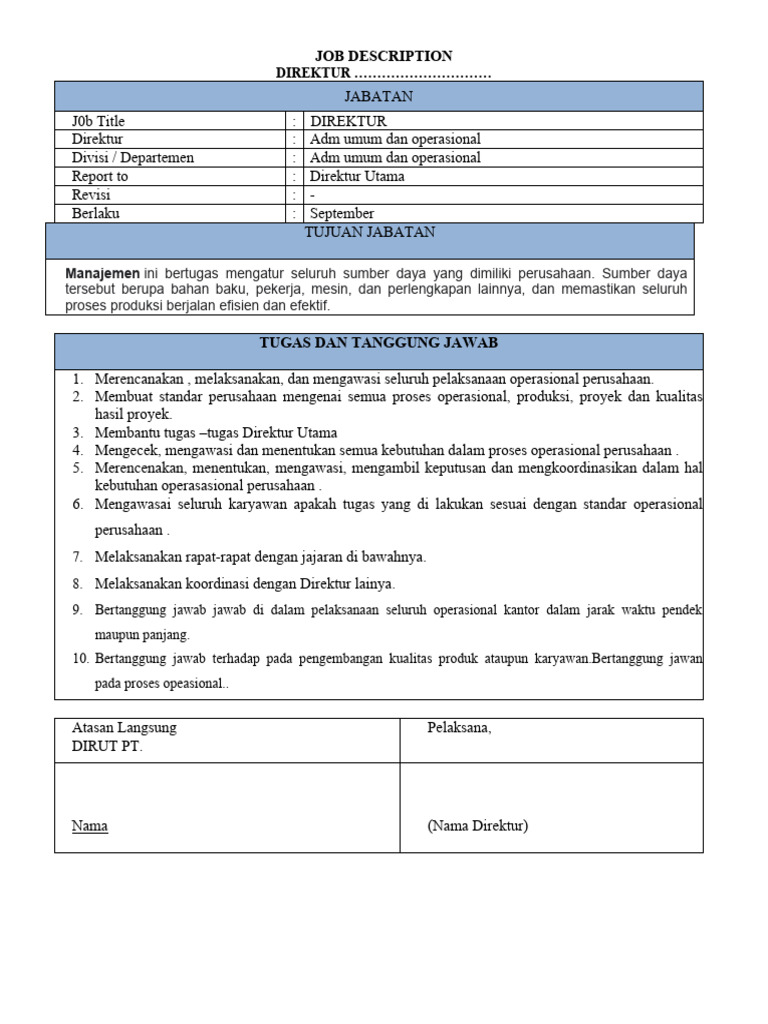 CONTOH JOB DESCRIPTION DIREKTUR | PDF