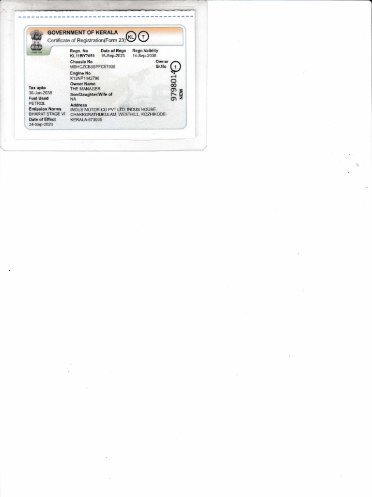 Vehicle Registration Certificate Details | PDF