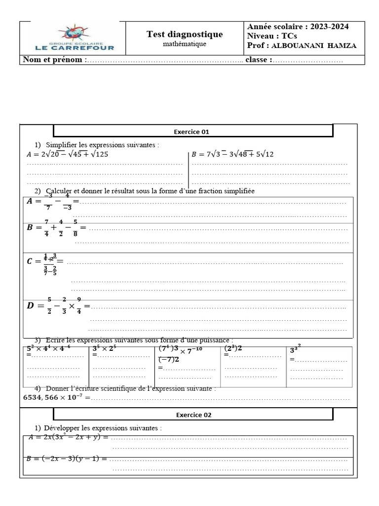 Test D'addmission TCSF 2023-2024 CARREFOURE (AutoRecovered) | PDF
