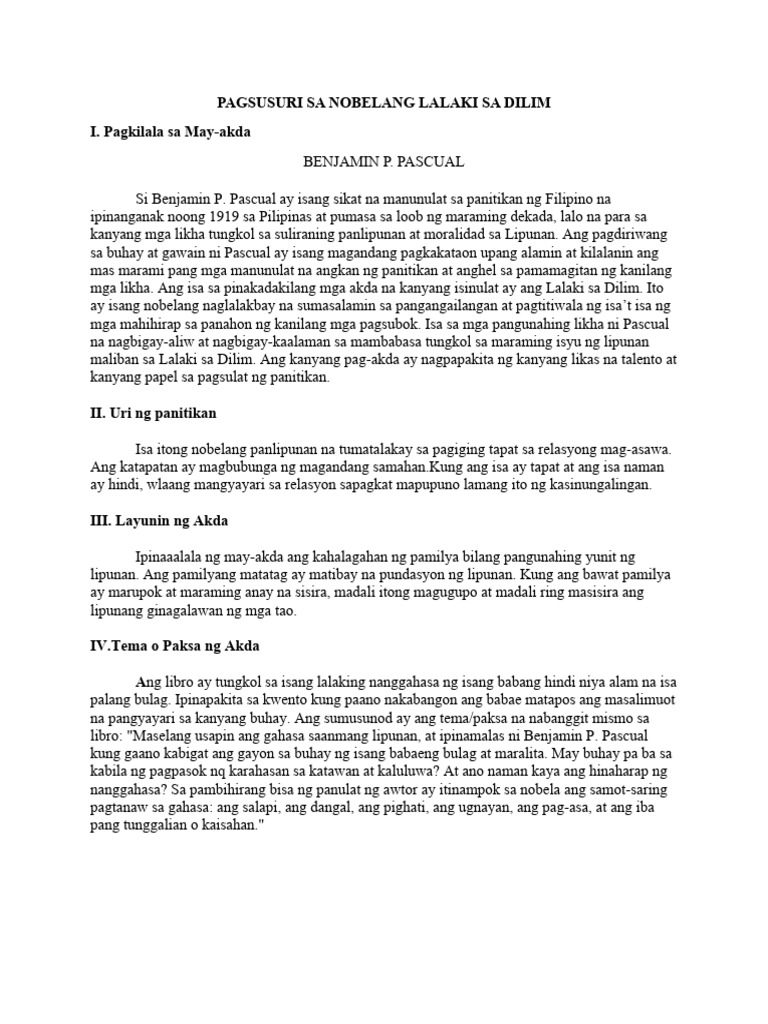 Pagsusuri Sa Nobelang Lalaki Sa Dilim | PDF