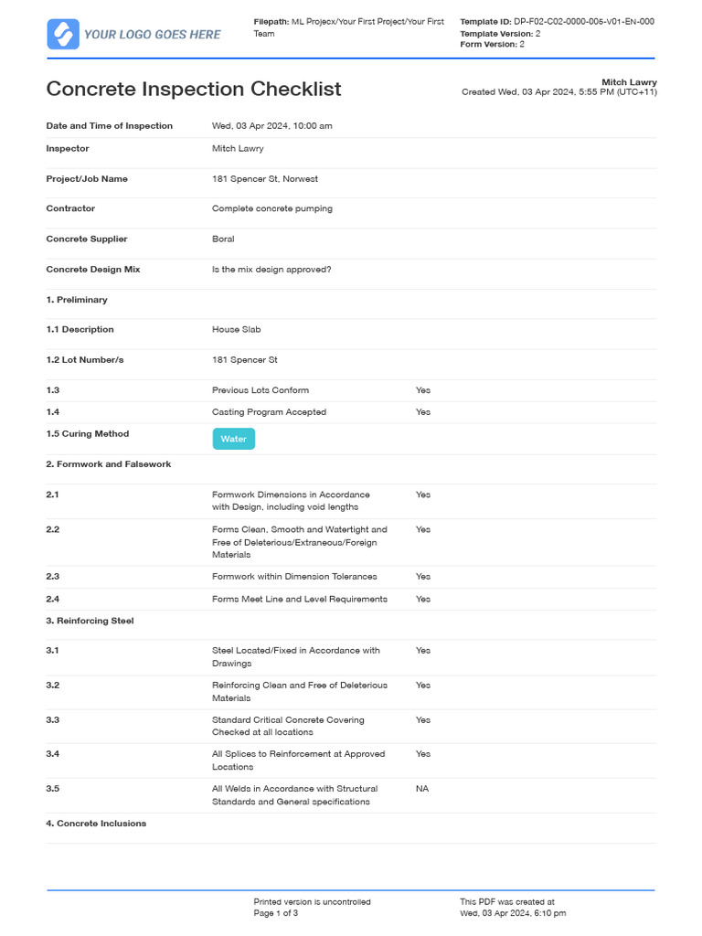 Concrete Inspection Checklist Template | PDF | Concrete | Secondary ...
