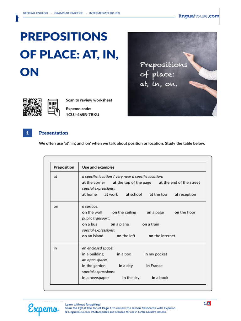Prepositions Of Place At In On American English Student Pdf Linguistics