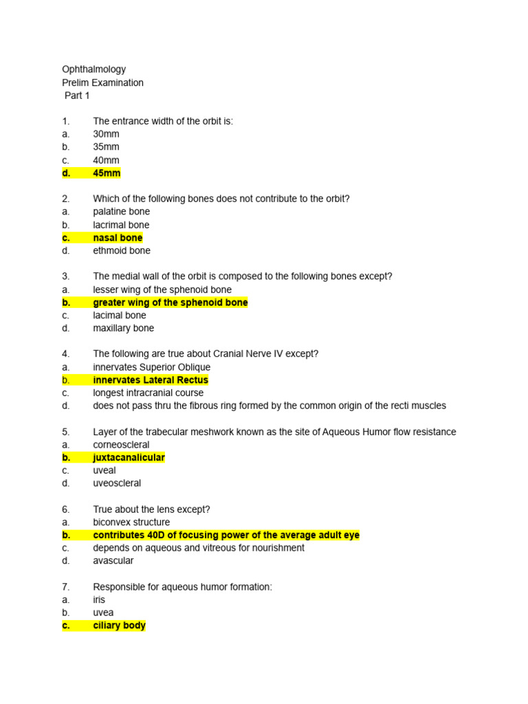 Ophthalmology Prelim Exam Questions | PDF | Human Eye | Retina