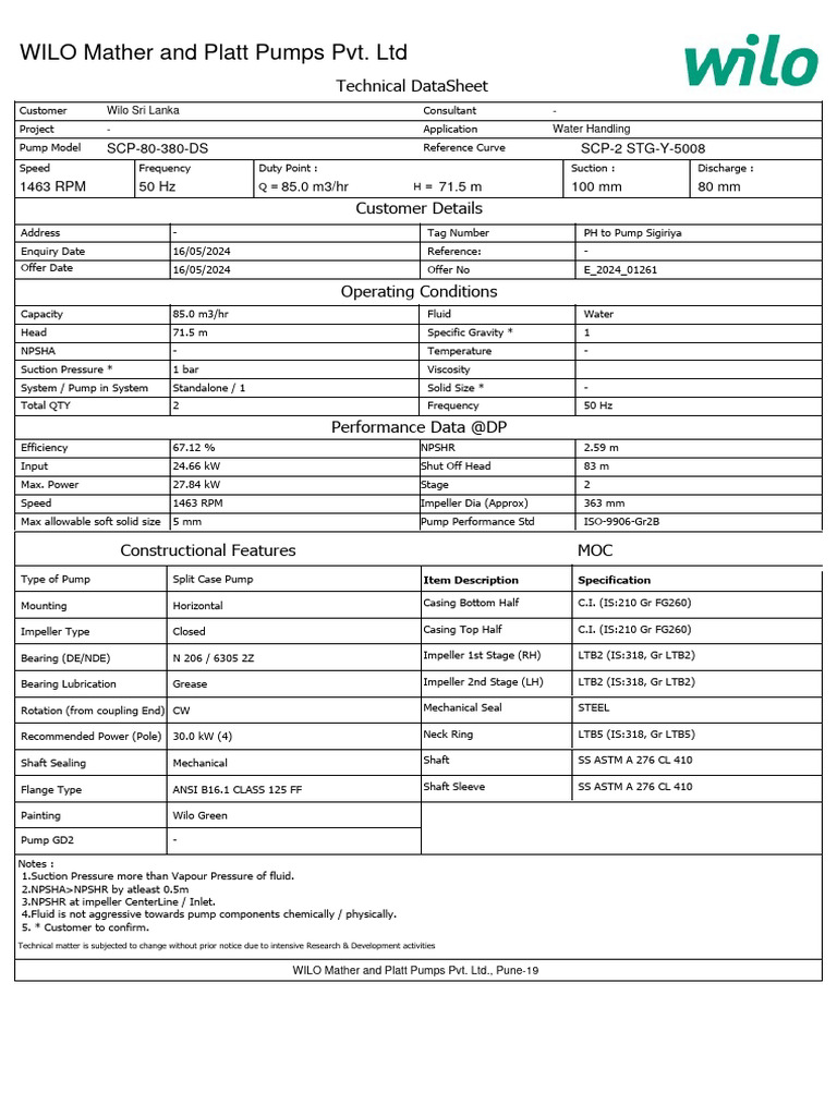 Wilo SCP-80-380-DS Pump Specifications | PDF | Pump | Fluid Mechanics