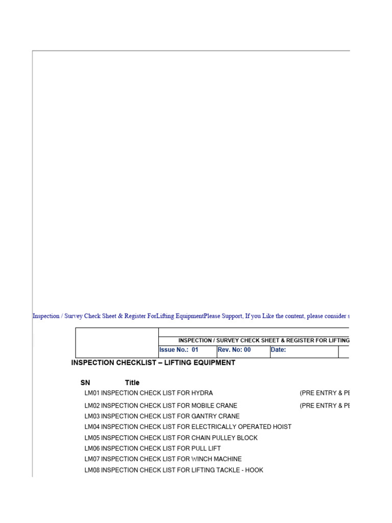 Lifting Equipment Inspection Checklist | PDF | Rope | Crane (Machine)