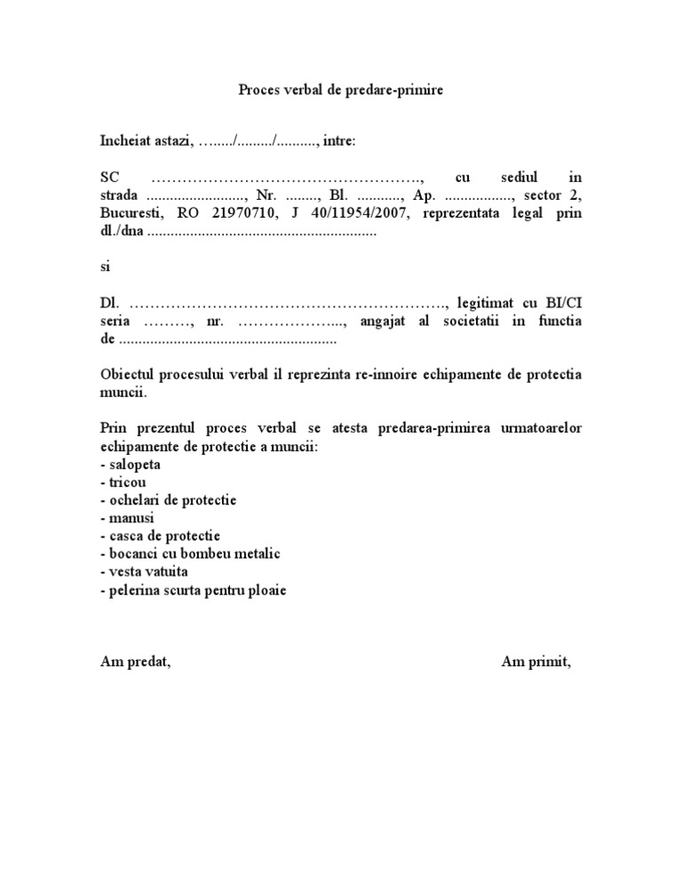 Proces Verbal Predare Primire Echipamente Scribd
