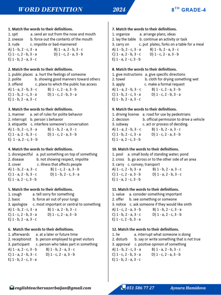 8 Ci Sinif WORD DEFINITION-4-2024 | PDF | Teaching Methods & Materials