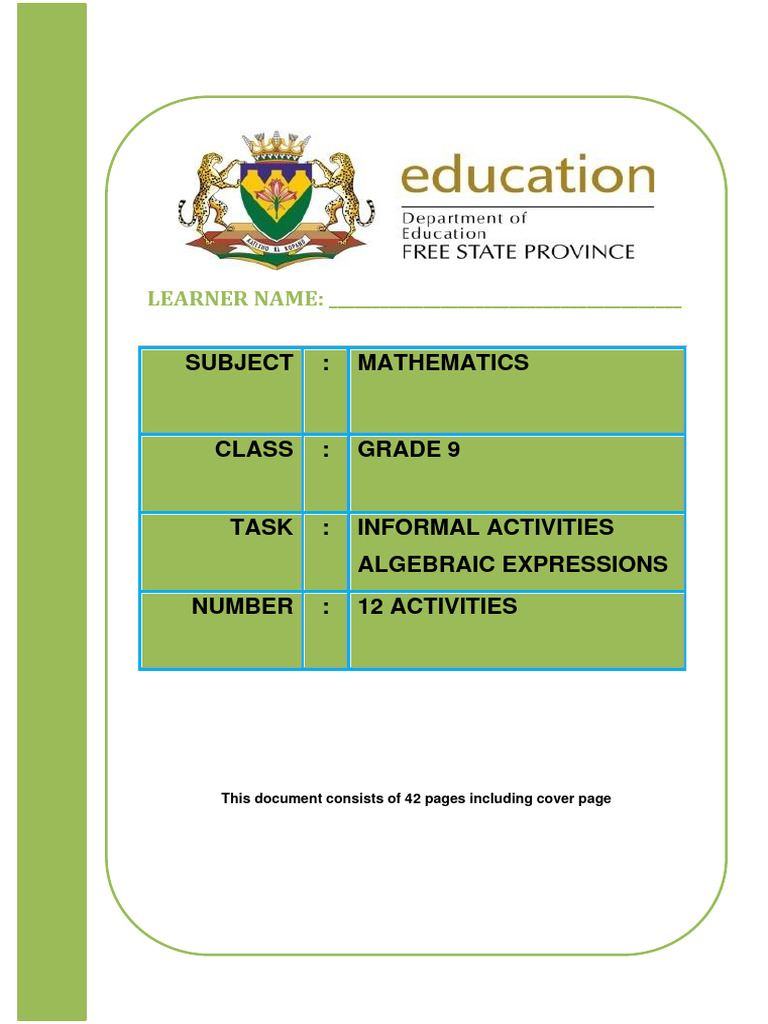 Grade 9 Algebraic Expressions Tasks | PDF | Polynomial | Mathematical ...