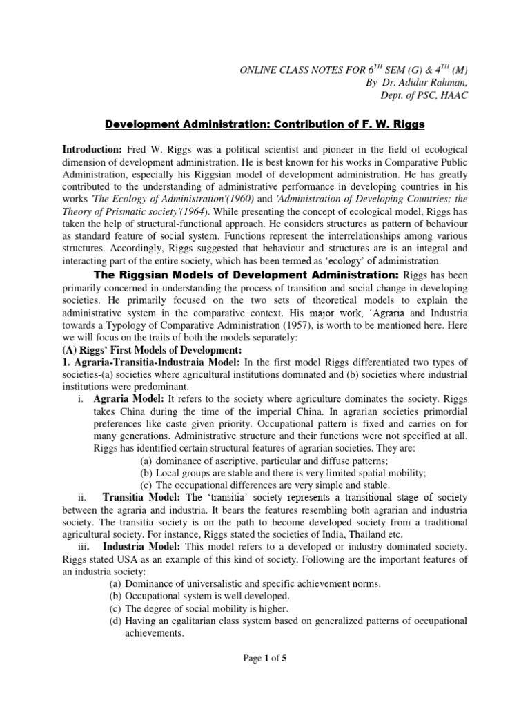 Riggs' Models of Development Administration | PDF | Society | Ecology