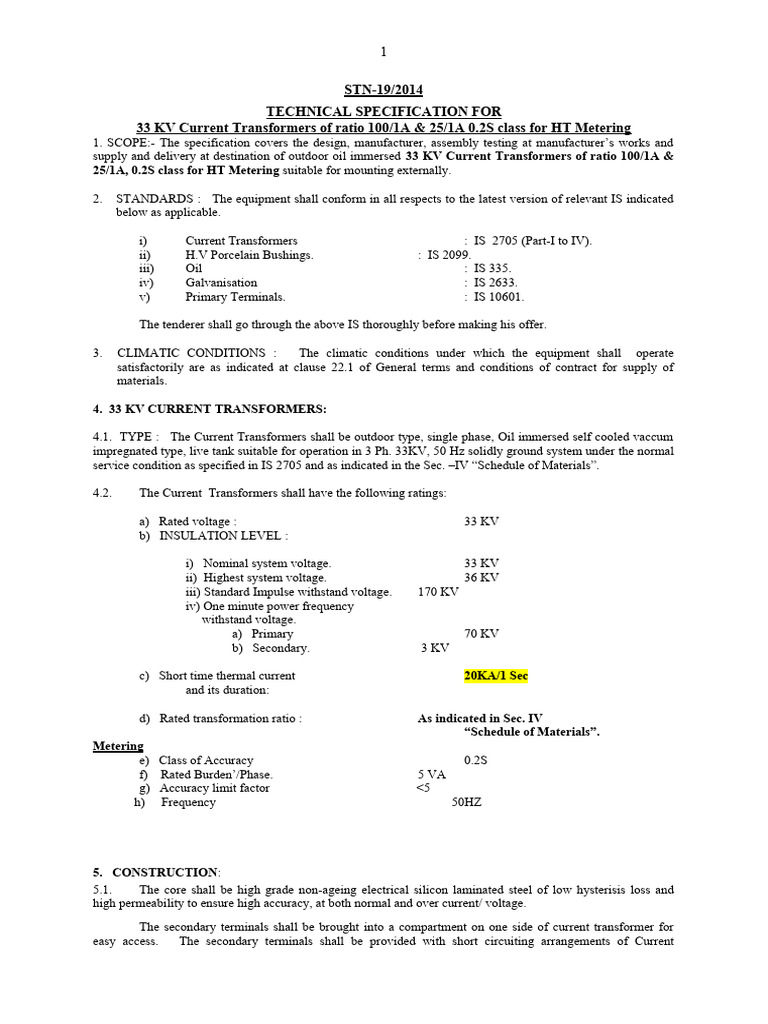 33 KV Current Transformers Specification | PDF | Transformer | Electricity