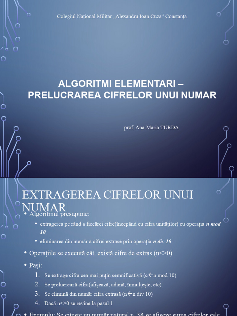 Info Ix Algoritmi Elementari-Prelucrarea Cifrelor | PDF
