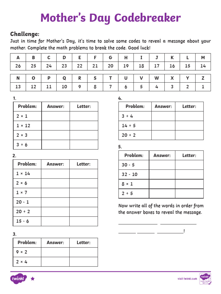 Us2 Ss 56 Mothers Day Math Codebreaker Differentiated Activity Sheets