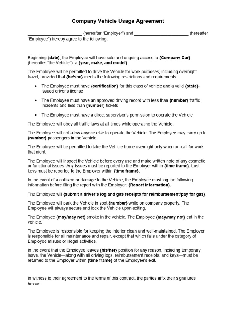 Company Vehicle Usage Agreement Template | PDF | Employment | Vehicles
