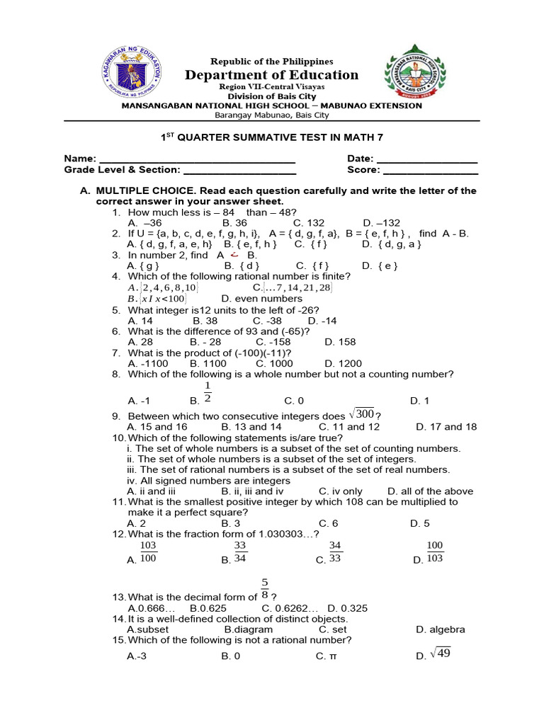 Math 7 1st Quarter Test Philippines | PDF | Mathematics