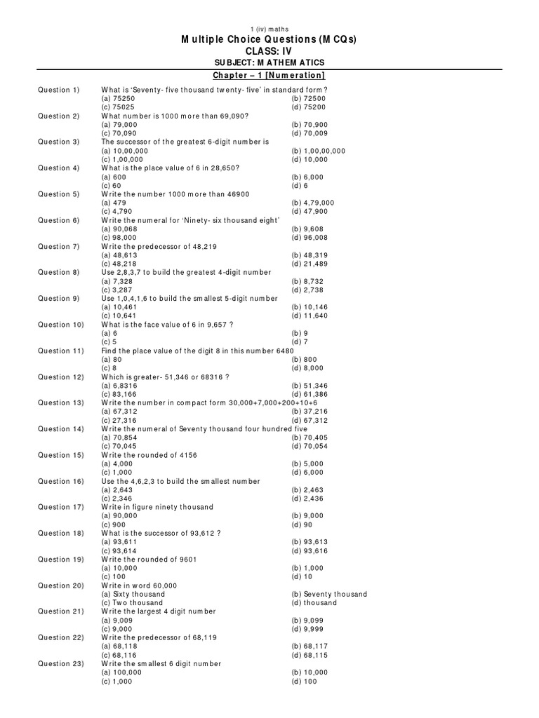 Class 4 Maths MCQs: Number System & Roman Numerals | PDF | Numbers ...